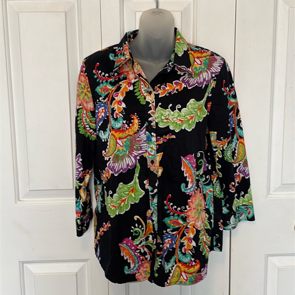 Lauren Ralph Lauren sz Large Black Colorful Cotton Button Front Shirt b718
